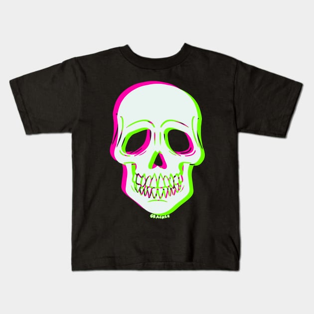 3D Glitch Skull (Pink and Green Version) Kids T-Shirt by Jan Grackle